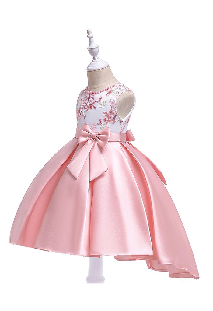 Besticktes Zweig Bowknot Hi-Lo Prinzessin Kleid in Pink für Kinder