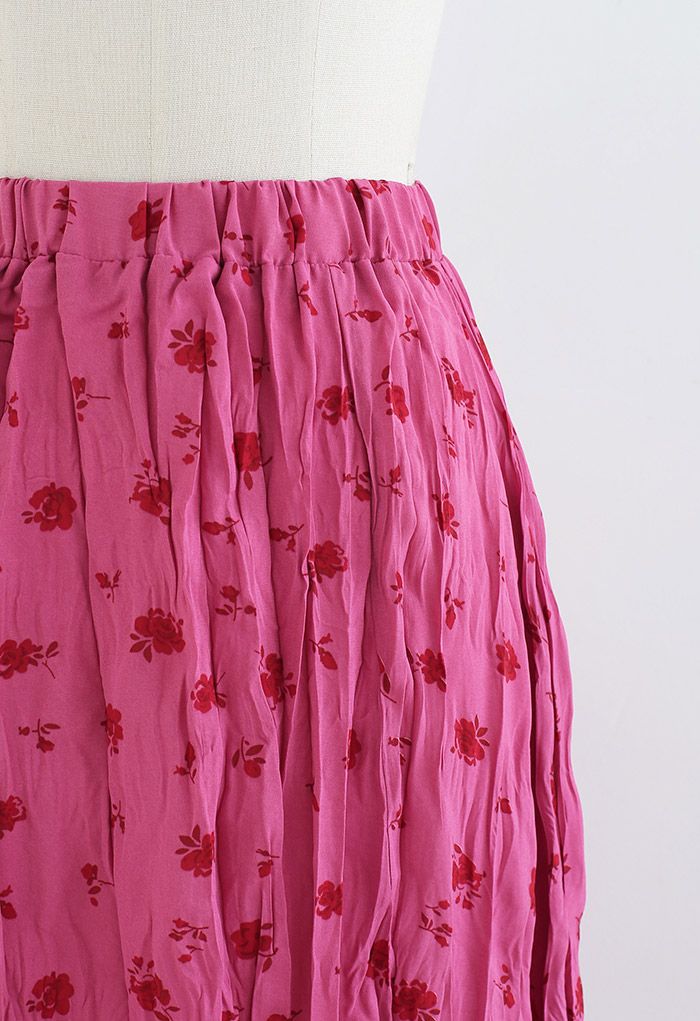 Gerüschter Schlitzrock mit Rosenstrauß-Print in Pink