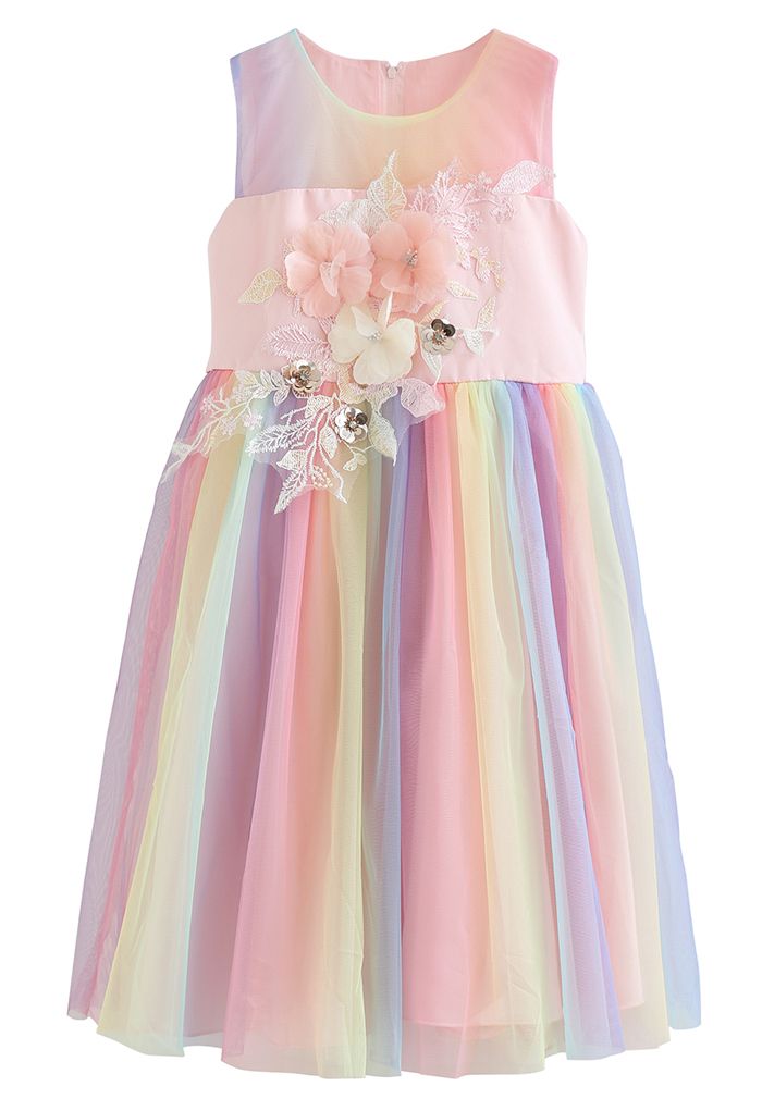 3D-Blumen-Pastell-Mesh-Prinzessin-Kleid in Pink für Kinder