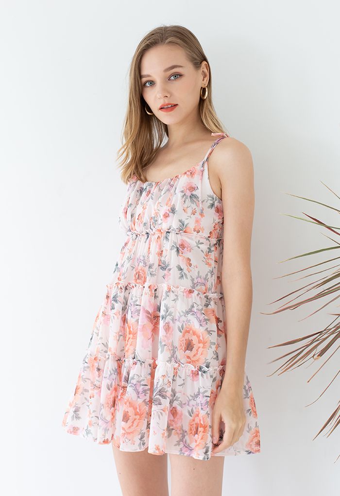 Camisole-Kleid aus Chiffon mit Aquarellblumen und Rüschenbesatz