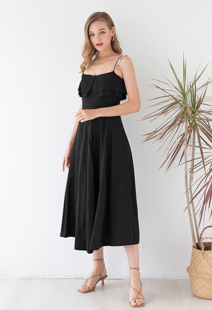 Cami-Kleid aus Leinen mit doppelten Trägern in Schwarz