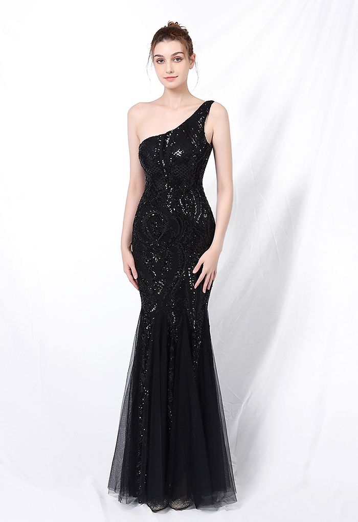 One-Shoulder-Netzkleid mit Blumengitter und Pailletten in Schwarz