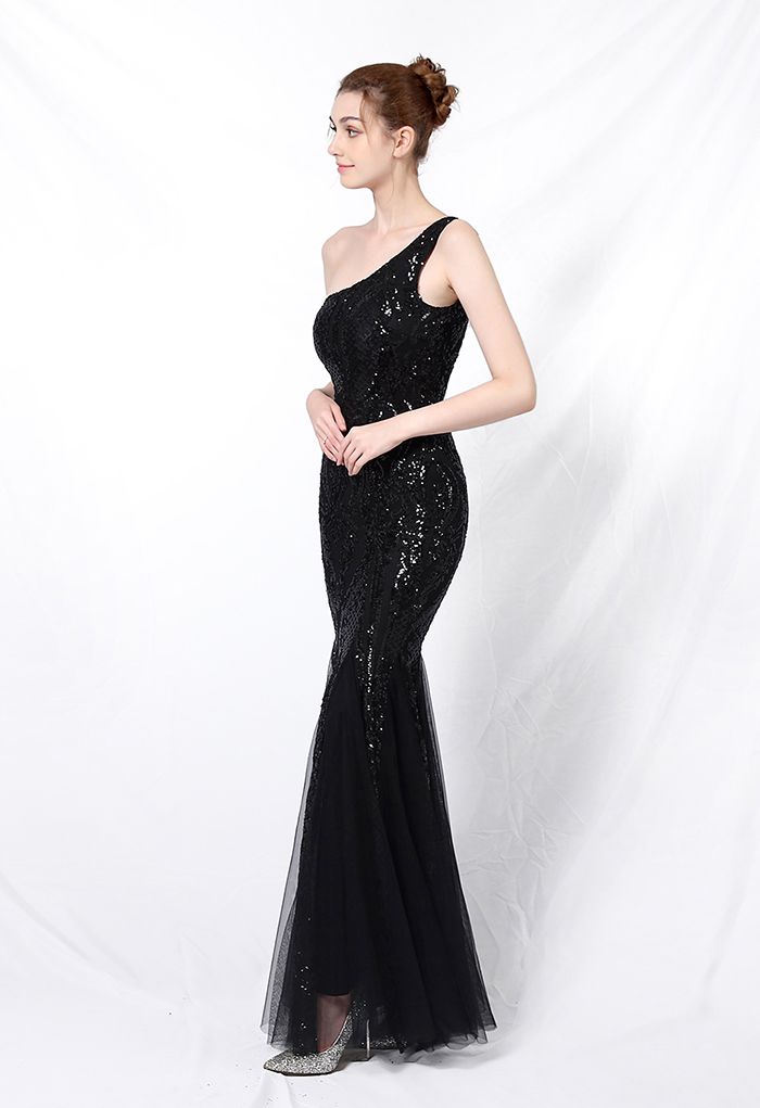 One-Shoulder-Netzkleid mit Blumengitter und Pailletten in Schwarz