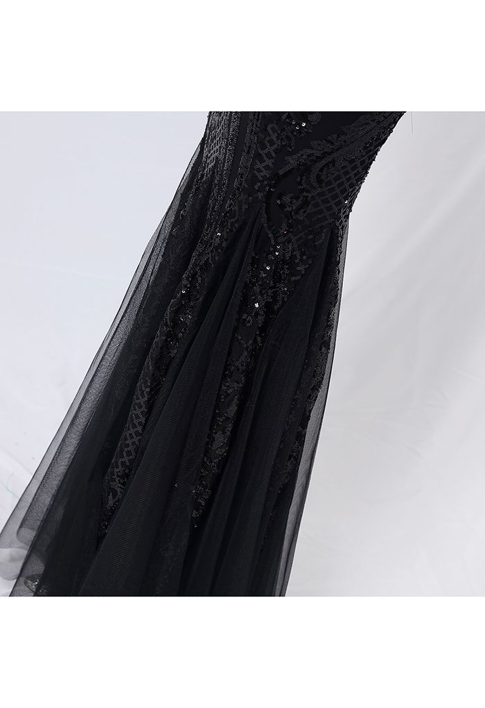 One-Shoulder-Netzkleid mit Blumengitter und Pailletten in Schwarz