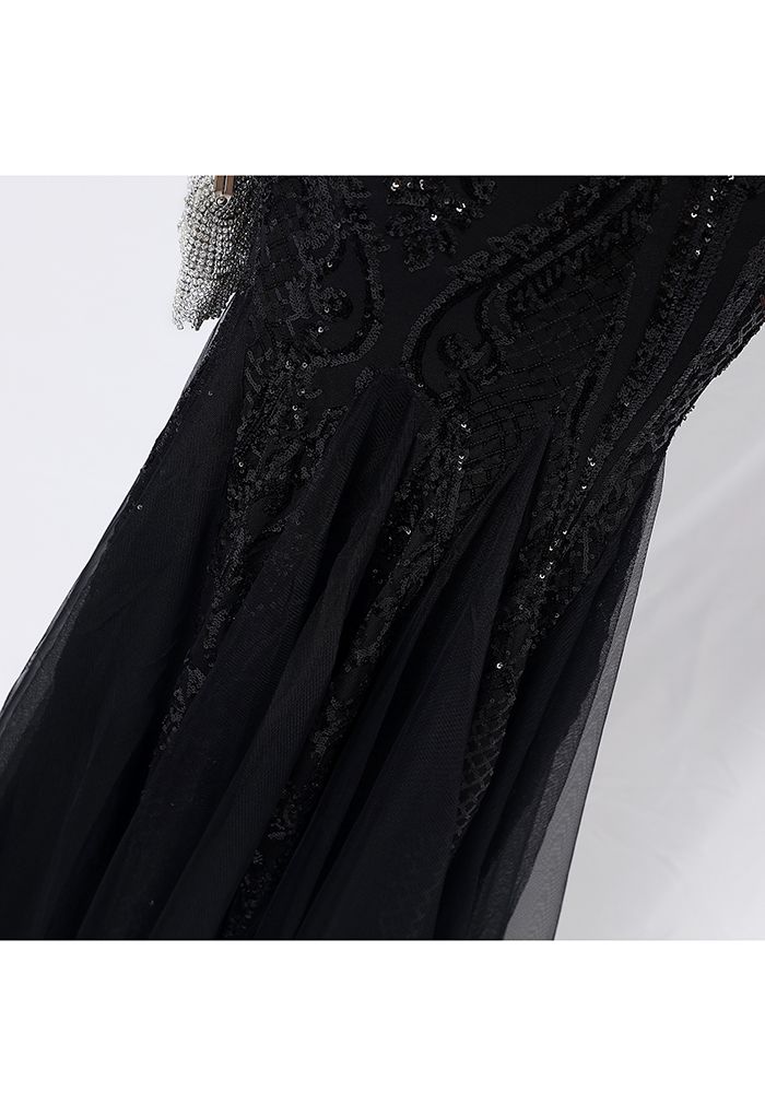 One-Shoulder-Netzkleid mit Blumengitter und Pailletten in Schwarz