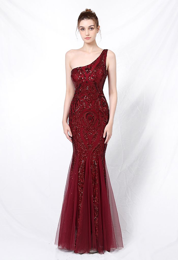 One-Shoulder-Blumengitter-Mesh-Kleid mit Pailletten in Burgund