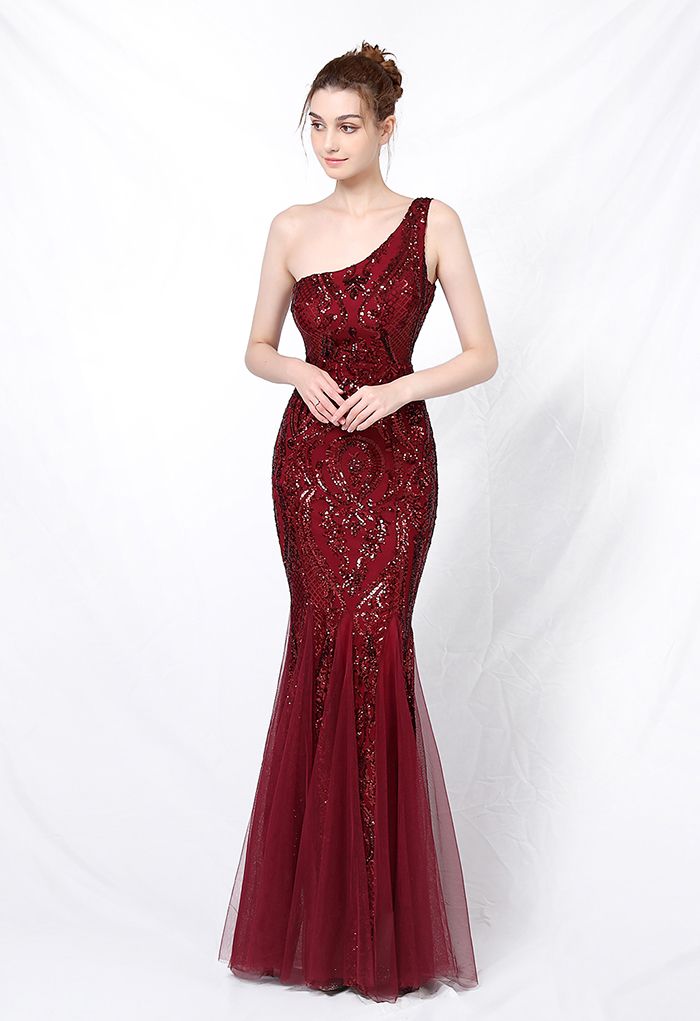 One-Shoulder-Blumengitter-Mesh-Kleid mit Pailletten in Burgund