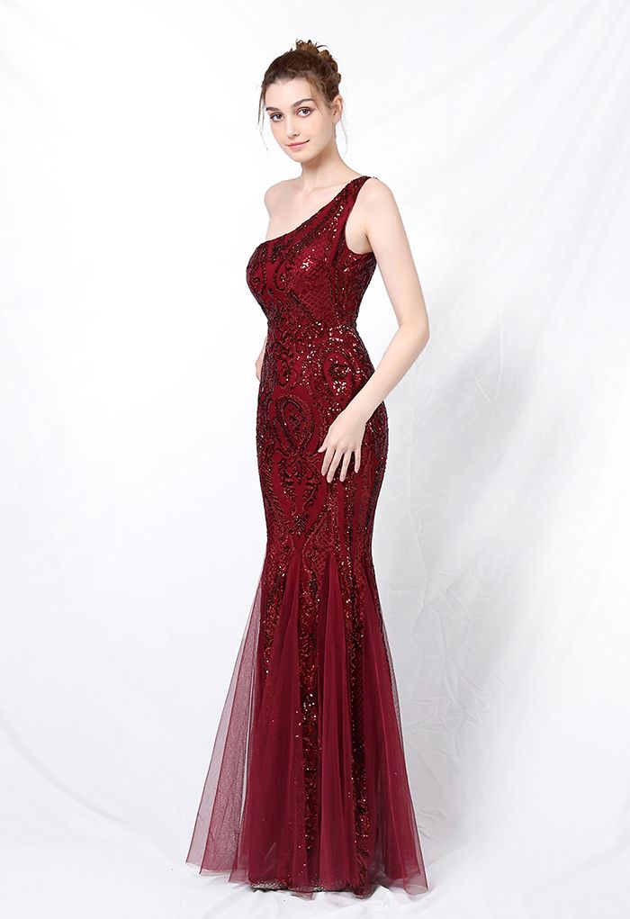 One-Shoulder-Blumengitter-Mesh-Kleid mit Pailletten in Burgund