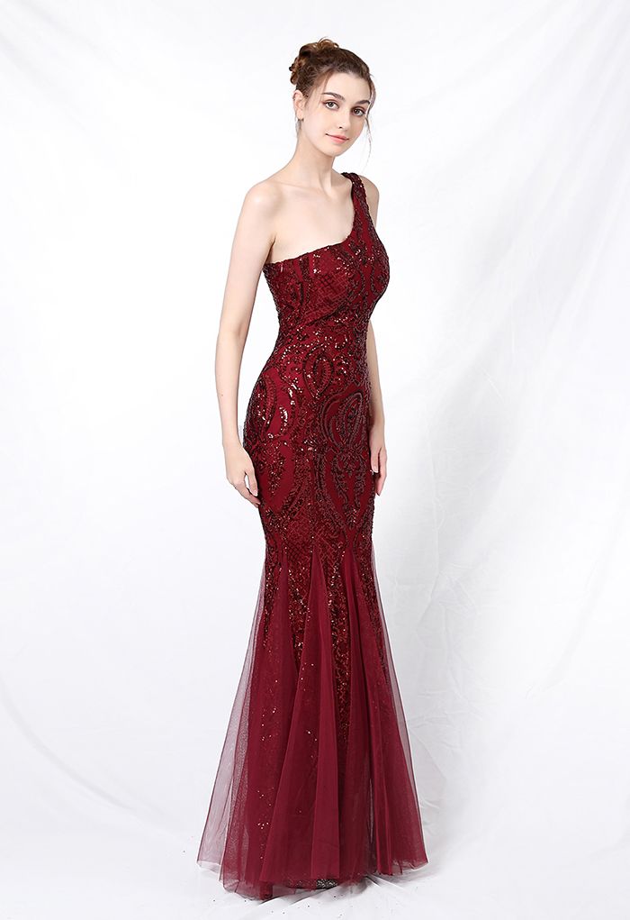 One-Shoulder-Blumengitter-Mesh-Kleid mit Pailletten in Burgund