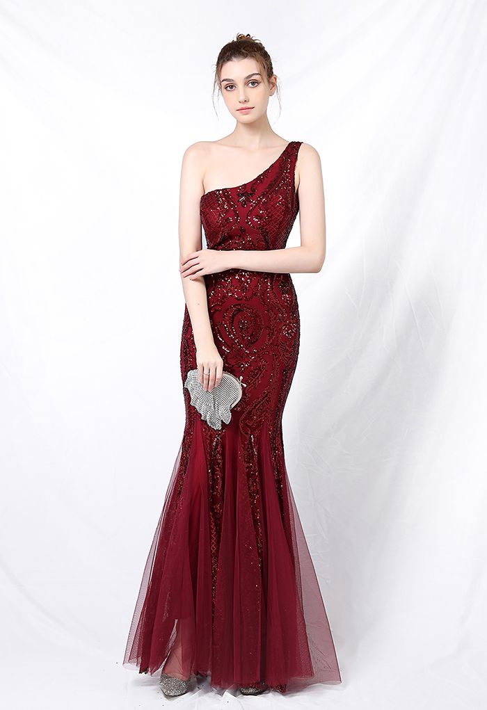 One-Shoulder-Blumengitter-Mesh-Kleid mit Pailletten in Burgund