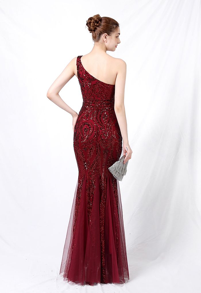 One-Shoulder-Blumengitter-Mesh-Kleid mit Pailletten in Burgund