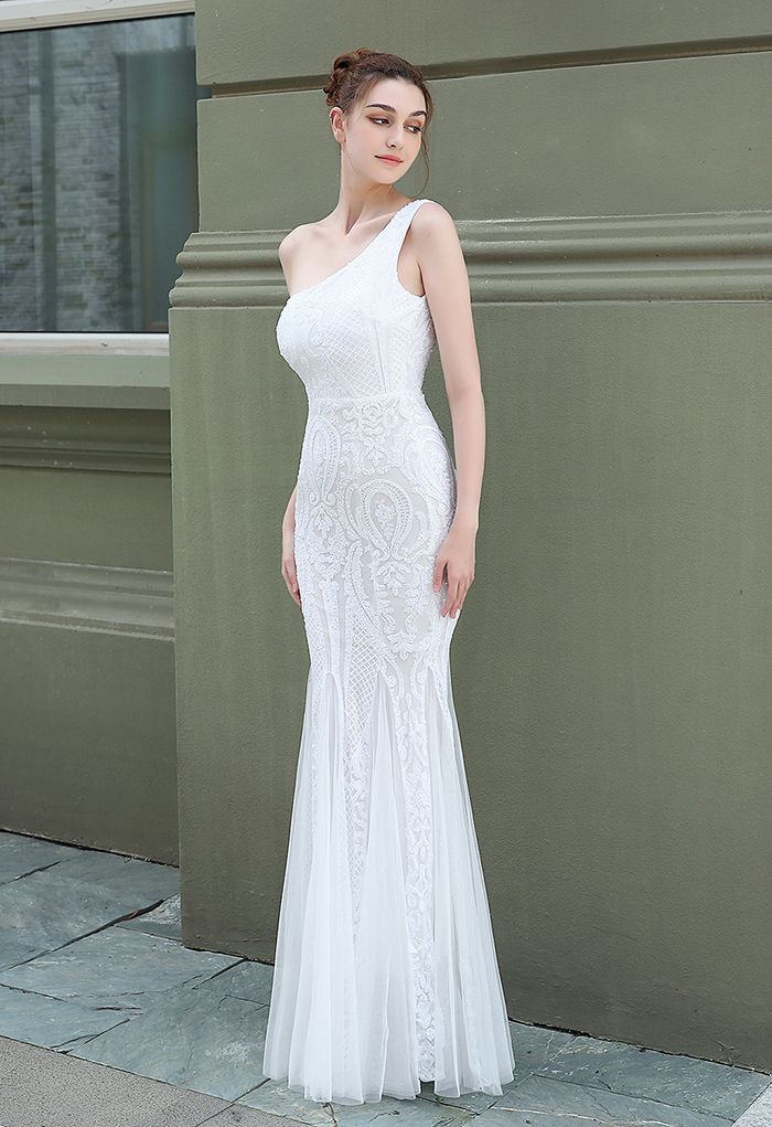 One-Shoulder-Blumengitter-Mesh-Kleid mit Pailletten in Weiß