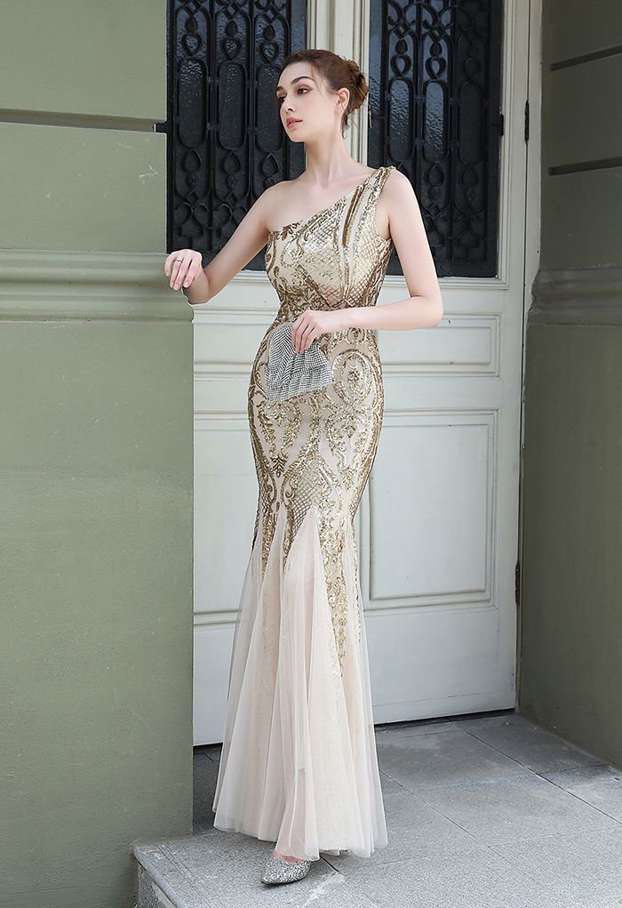 Ein-Schulter-Blumengitter-Mesh-Kleid mit Pailletten in Gold