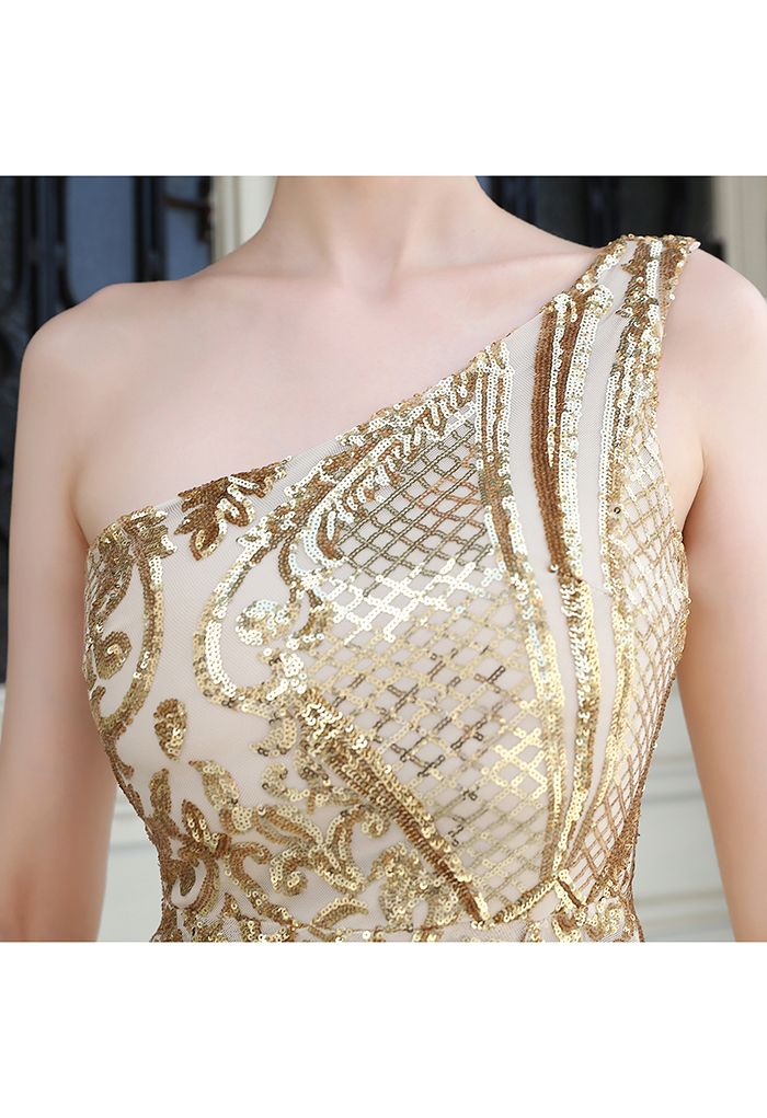 Ein-Schulter-Blumengitter-Mesh-Kleid mit Pailletten in Gold