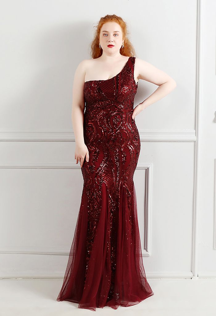 One-Shoulder-Blumengitter-Mesh-Kleid mit Pailletten in Burgund