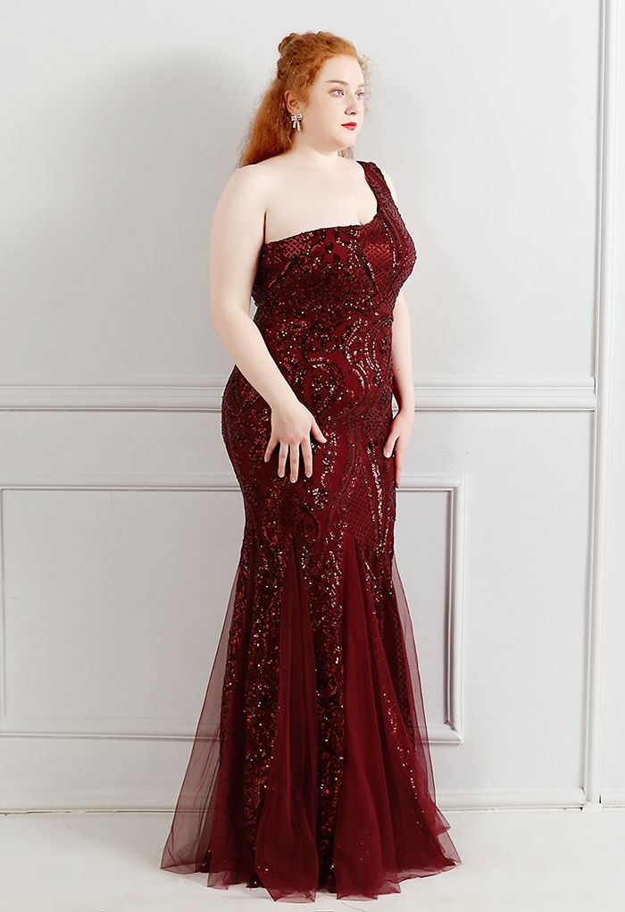 One-Shoulder-Blumengitter-Mesh-Kleid mit Pailletten in Burgund