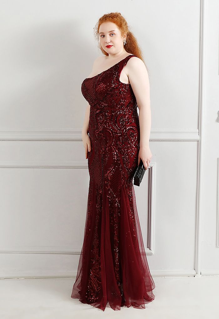 One-Shoulder-Blumengitter-Mesh-Kleid mit Pailletten in Burgund