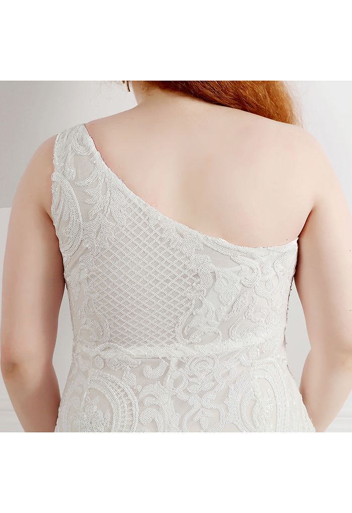 One-Shoulder-Blumengitter-Mesh-Kleid mit Pailletten in Weiß