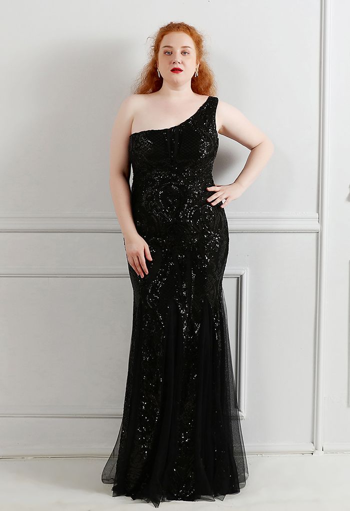 One-Shoulder-Netzkleid mit Blumengitter und Pailletten in Schwarz