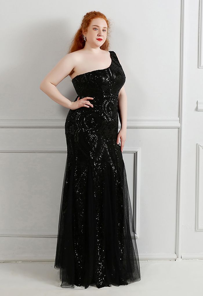 One-Shoulder-Netzkleid mit Blumengitter und Pailletten in Schwarz