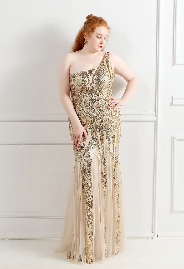 Ein-Schulter-Blumengitter-Mesh-Kleid mit Pailletten in Gold