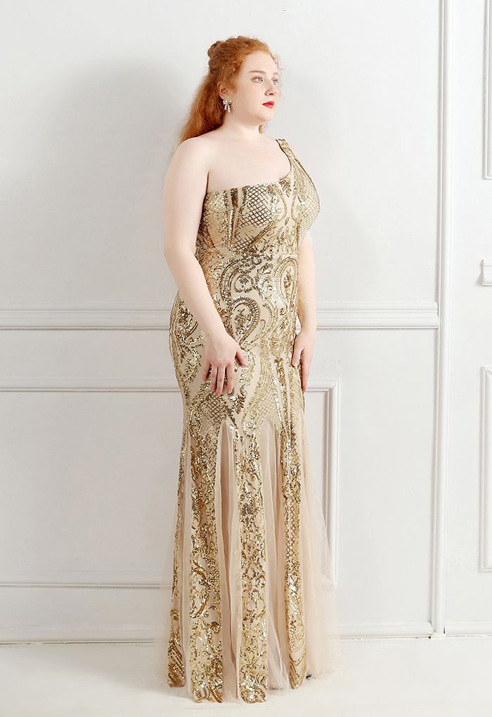 Ein-Schulter-Blumengitter-Mesh-Kleid mit Pailletten in Gold