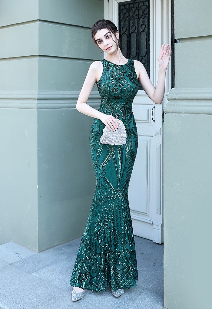 Rückenfreies Blumengitter-Kleid mit Pailletten in Smaragdgrün