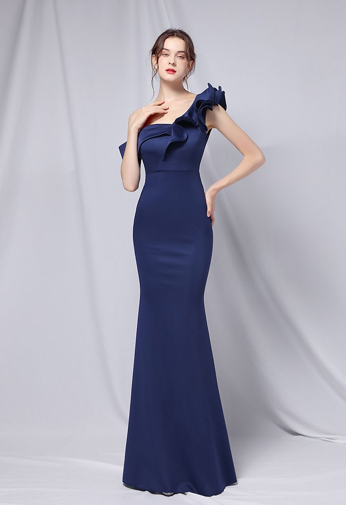 Rüschen-One-Shoulder-Nixe-Satin-Kleid in Marineblau