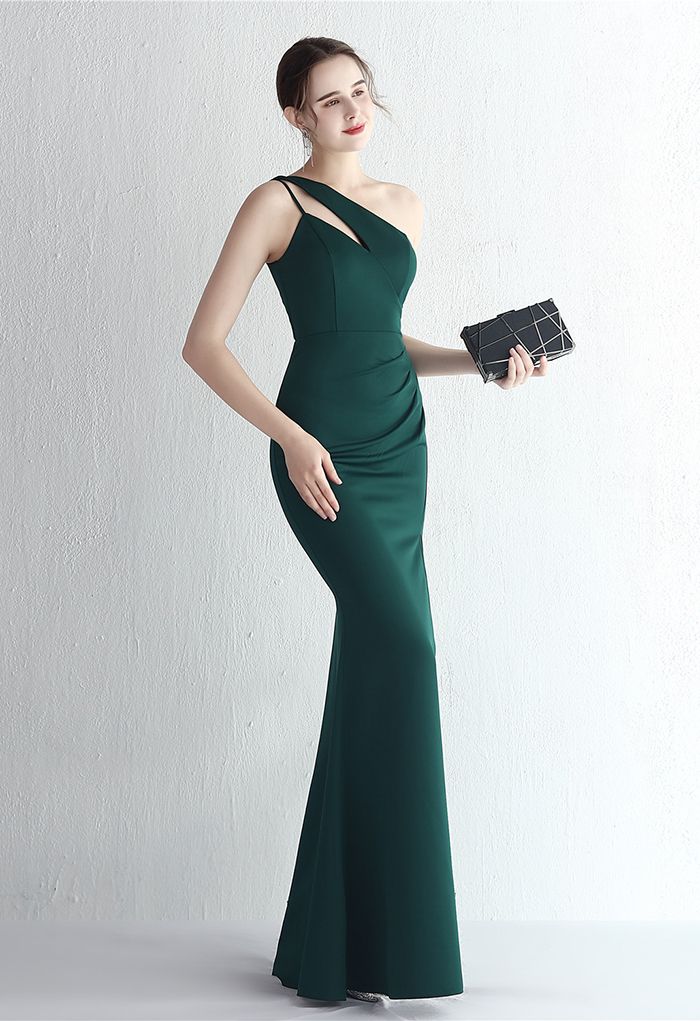Cut-out One-Shoulder Split-Kleid in Smaragdgrün