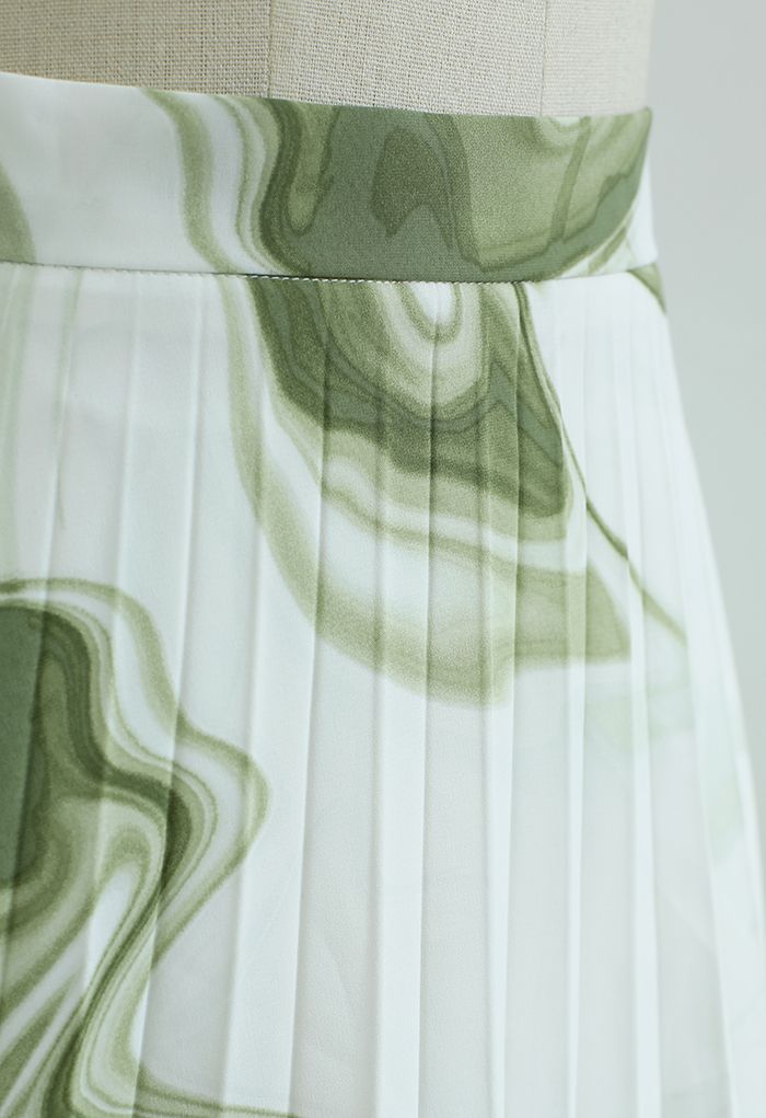 Plissee-Midirock mit Wasserfarben-Strudel-Print in Grün
