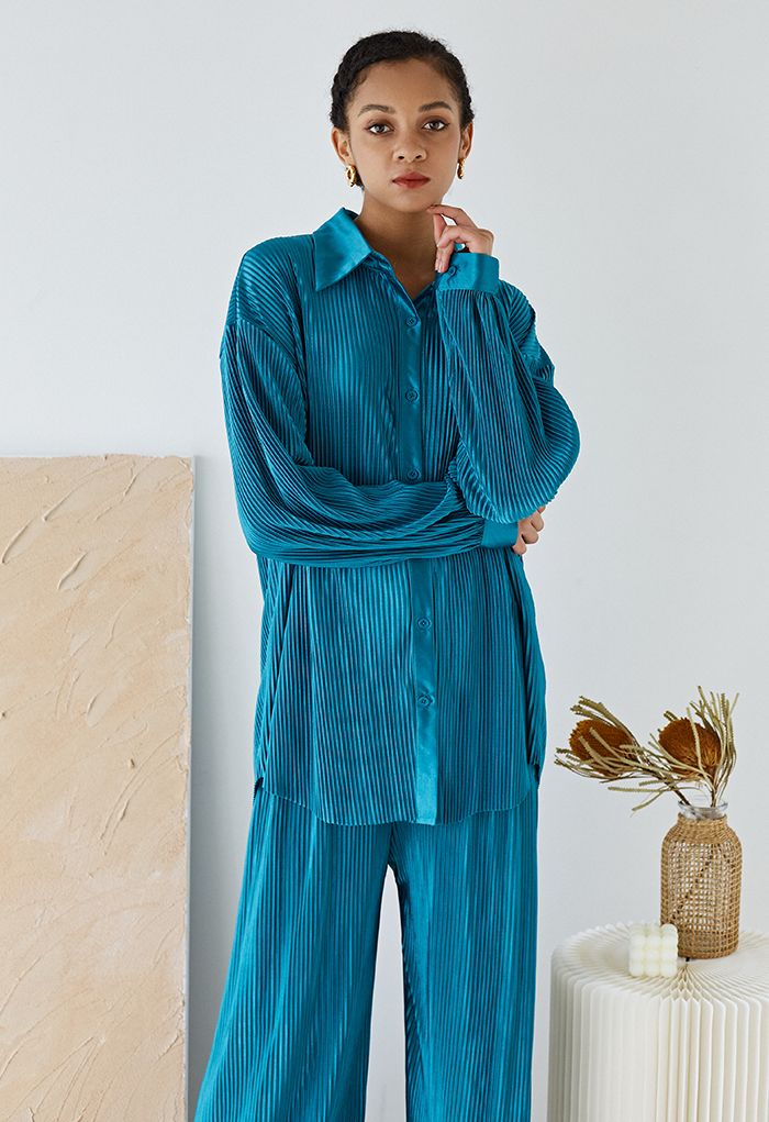 Vollständig plissiertes Plissee-Hemd und Hose im Set in Blaugrün