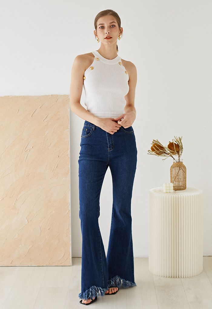 Klassische Flare-Jeans mit Troddelsaum und Taschen in Marineblau
