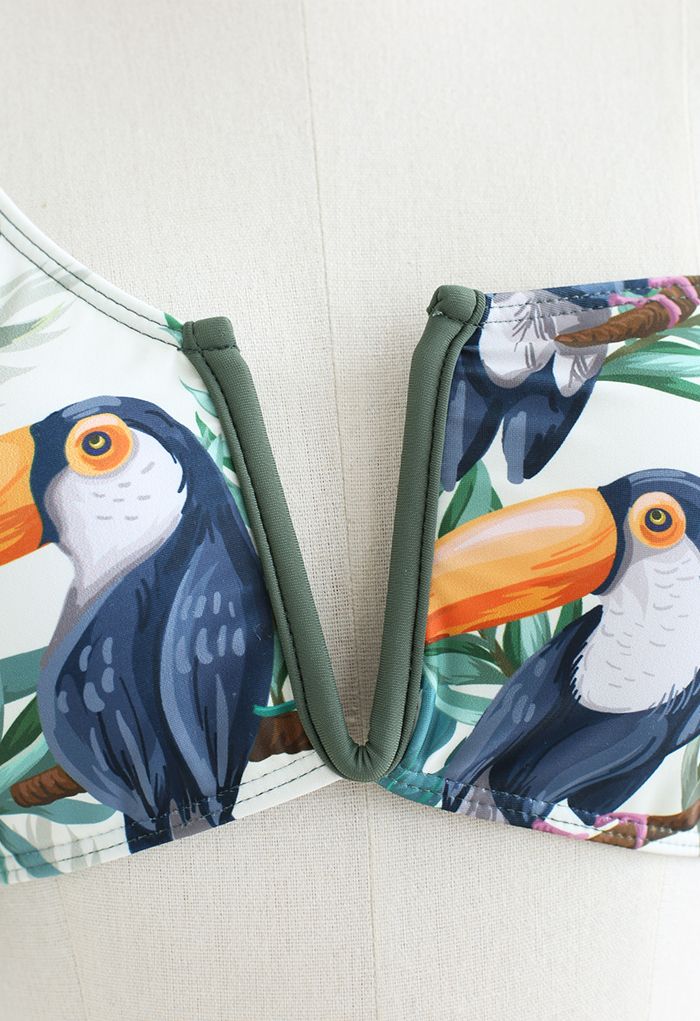 Gestuftes Bikini-Set mit Rüschenärmeln und Vogelmuster