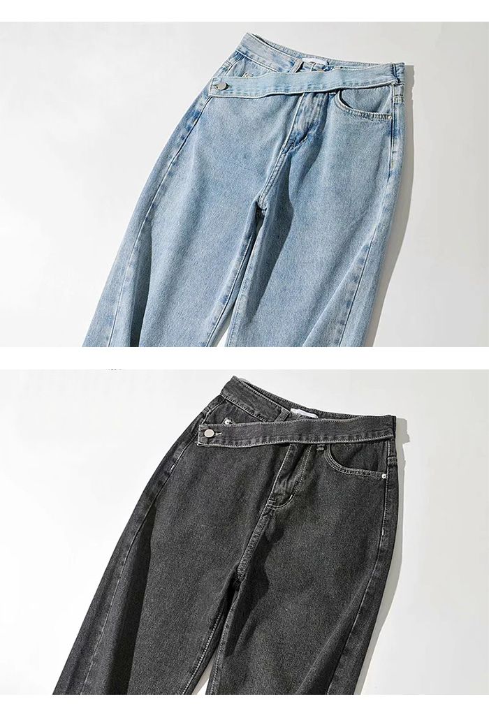 Jeans mit weitem Bein und seitlichen Knöpfen in Smoke