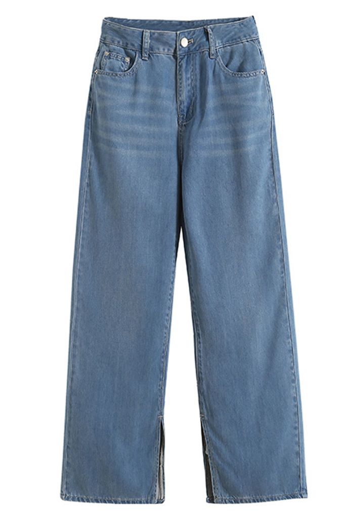 Blaue Retro-Jeans mit weitem Bein und Schlitz
