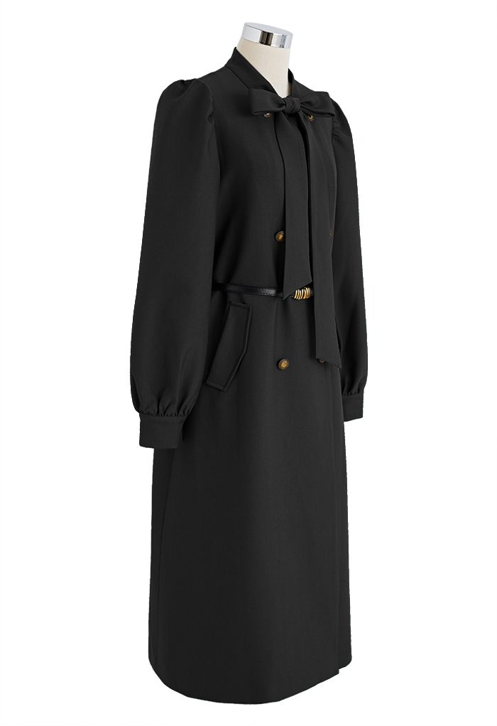 Exquisiter Mantel mit Bowknot-Zweireiher und Gürtel in Schwarz