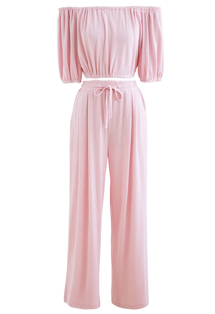 Off-Shoulder-Crop-Top und Hosen-Set in Pink