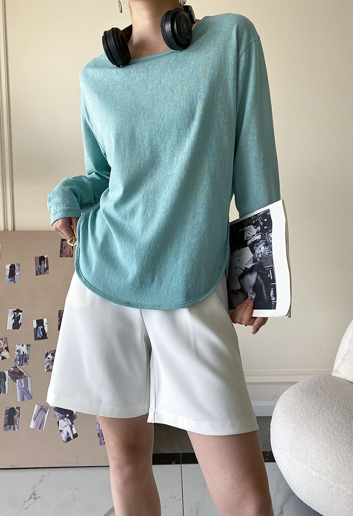 Langärmliges Soft-Touch-Baumwoll-T-Shirt in Blaugrün