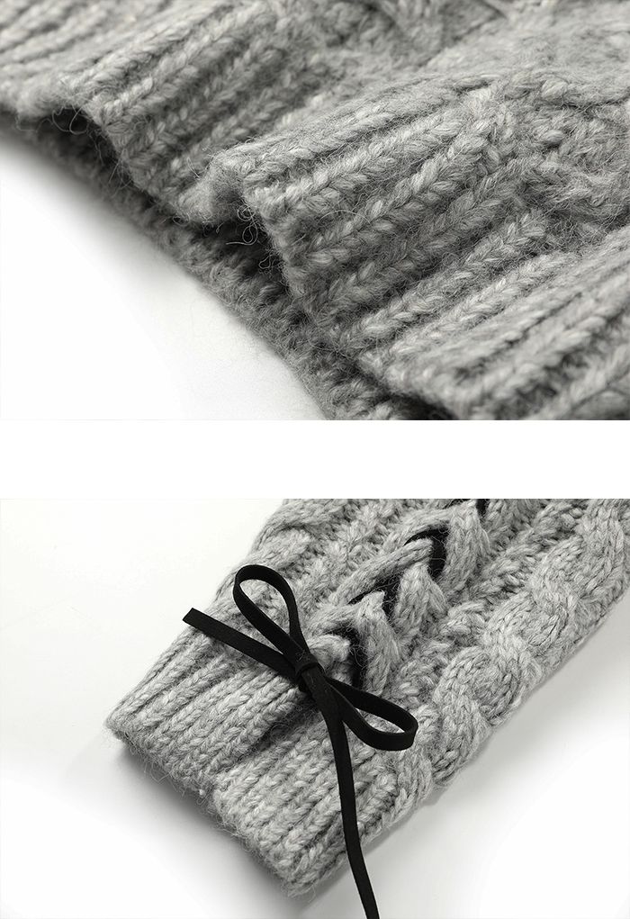 Geflochtener Crop-Pullover mit Schnürärmeln in Grau