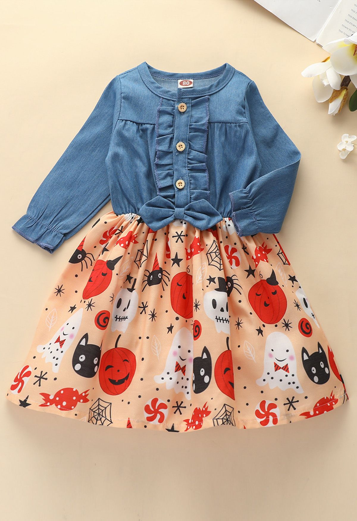 Kinder-Halloween-Party-Denim-Kleid mit gespleißten Bowknot in Apricot