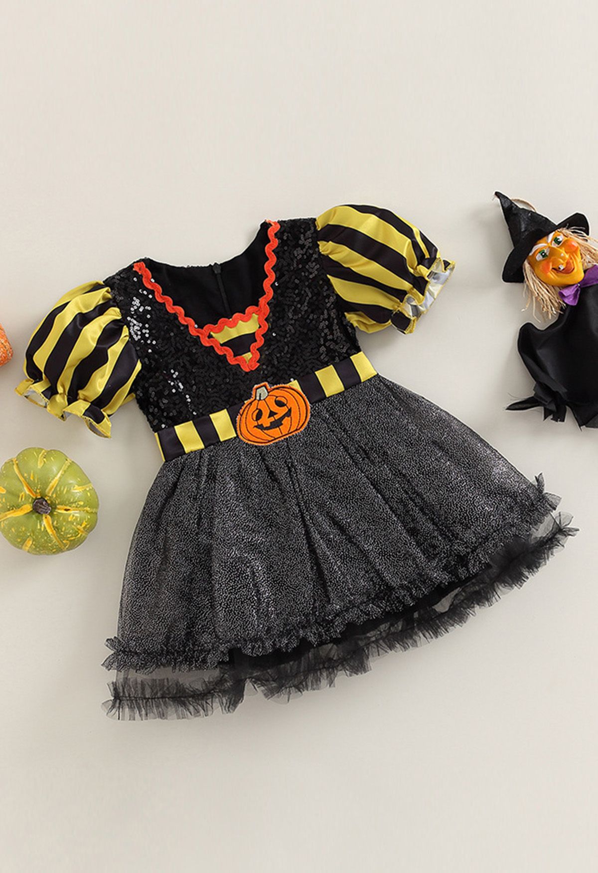 Gestreiftes Halloween-Kostümkleid mit Kürbisbesatz für Kinder