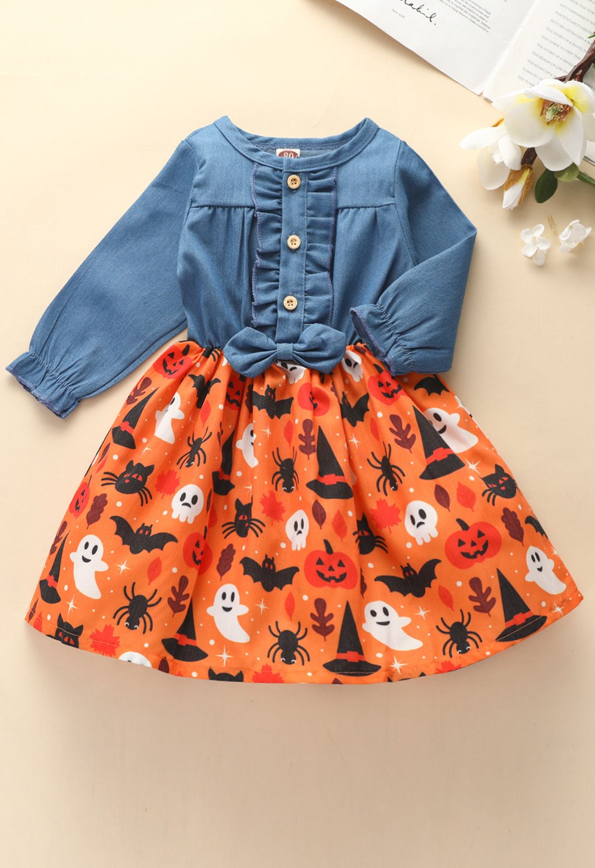 Kinder-Halloween-Party-Denim-Kleid mit gespleißten Schleifen in Orange