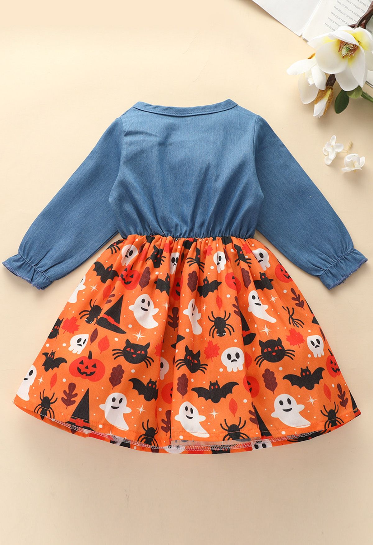 Kinder-Halloween-Party-Denim-Kleid mit gespleißten Schleifen in Orange