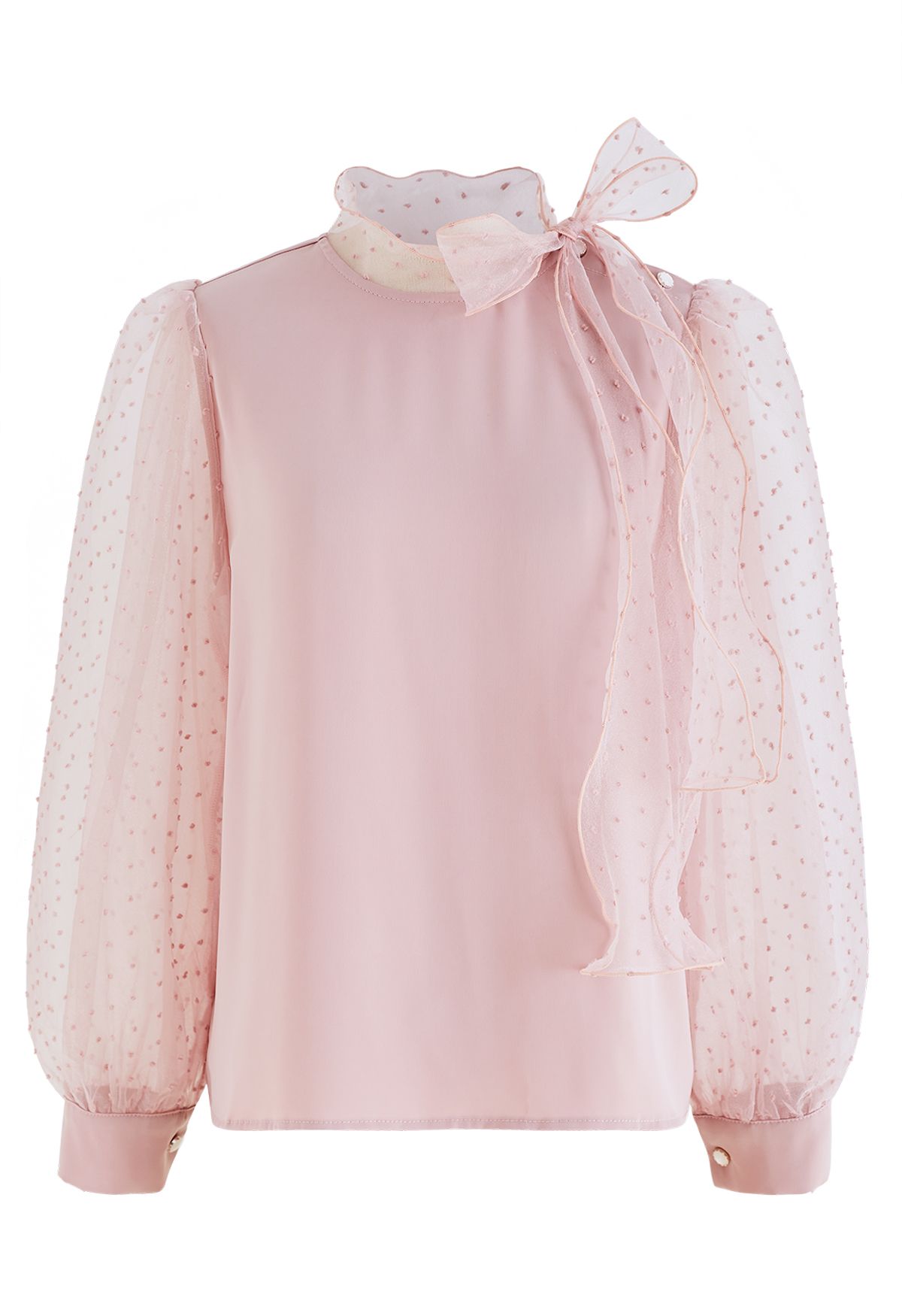 Flock Dots Organza Bubble Sleeve Bowknot Satin Shirt in Rosa