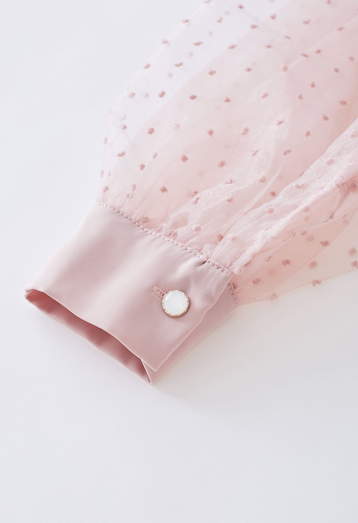 Flock Dots Organza Bubble Sleeve Bowknot Satin Shirt in Rosa