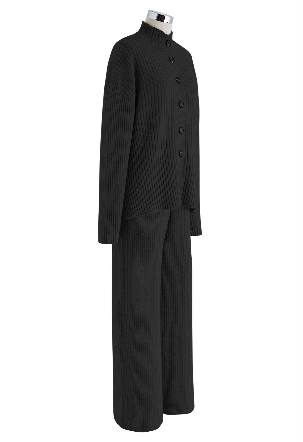Geknöpfter Pullover mit Stehkragen und Strickhose mit geradem Bein im Set in Schwarz