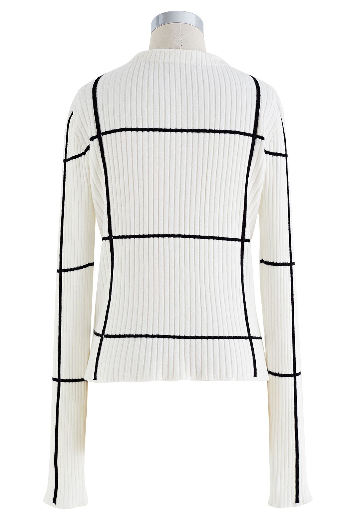 Geknöpfter Pullover mit Gitter und V-Ausschnitt in Weiß