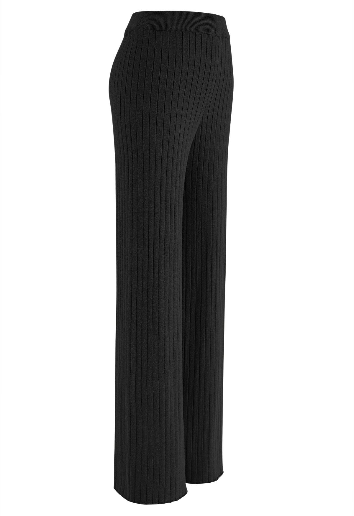 Gerippte Strickhose mit geradem Bein in Schwarz