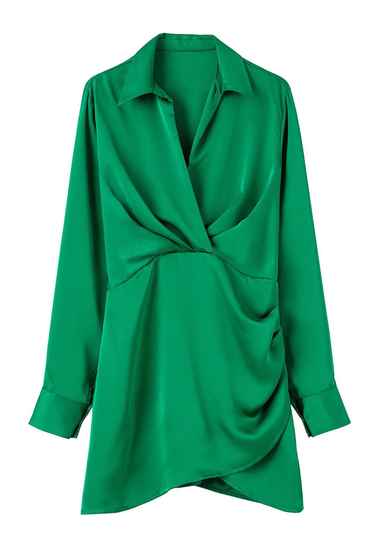 Satin-Hemdkleid mit V-Ausschnitt und Rüschen vorne in Grün