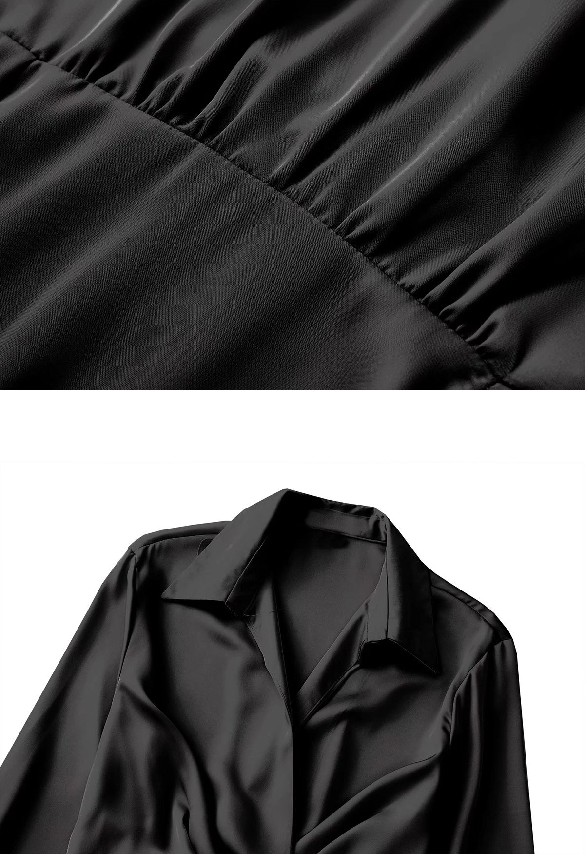 Satin-Hemdkleid mit V-Ausschnitt und Rüschen vorne in Schwarz